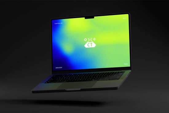 3D laptop mockup with vibrant gradient wallpaper, providing futuristic design look for digital assets and templates category.